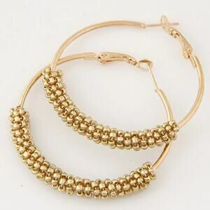 Gold Bead Oval Dangly Hinge Earrings Gold Tone Round Hoop Drop Chic‎